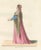 Antique 1845 Hand-Colored Print of a Medieval Woman in Pink and Gold Cape This elegant hand-colored engraving from 1845...
