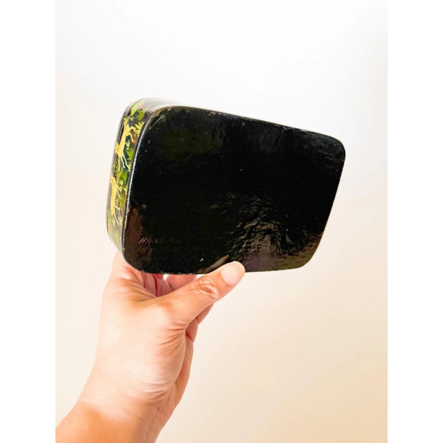 Black Vintage Kashmir Indian Lacquered Domed Box With Flora and Fauna For Sale - Image 8 of 9