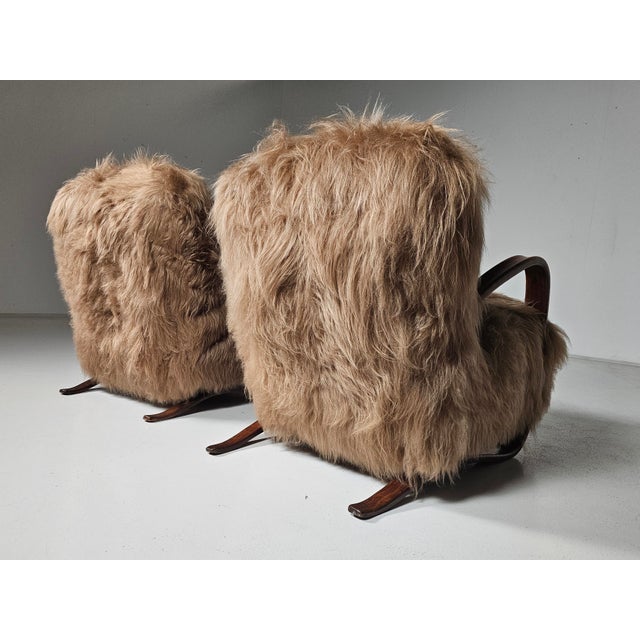 Brown H269 Chairs in Long Hair Mongolian Sheepskin from Jindrich Halabala, 1930s, Set of 2 For Sale - Image 8 of 12