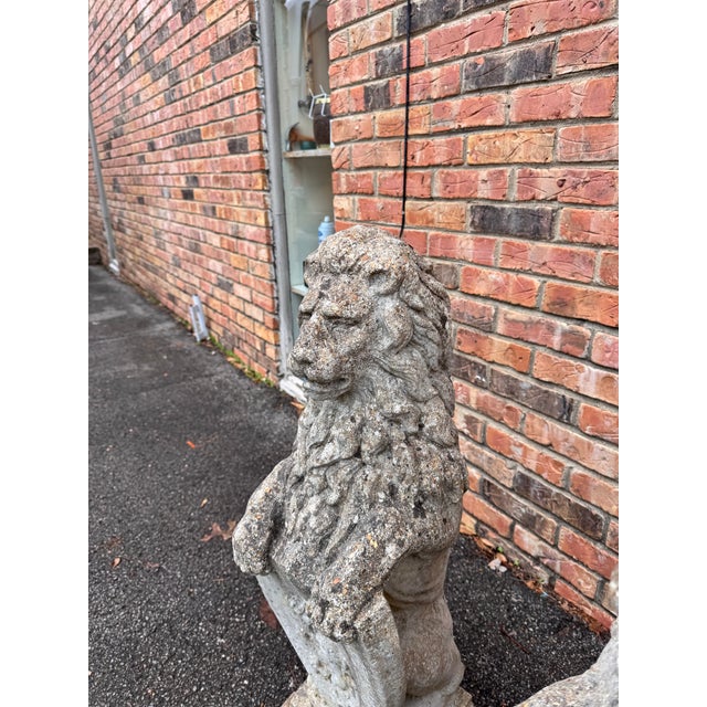 Stone Vintage Pair English Cast Stone Lions With Heraldic Shield Statues For Sale - Image 7 of 10