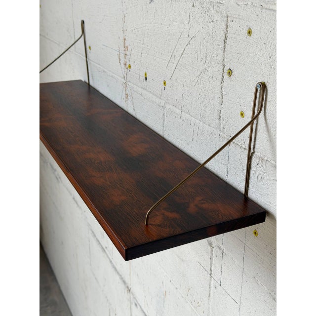 Brown Rosewood Wall Shelf With Brass Brackets Danish Mid-Century Modern 1960s For Sale - Image 8 of 10