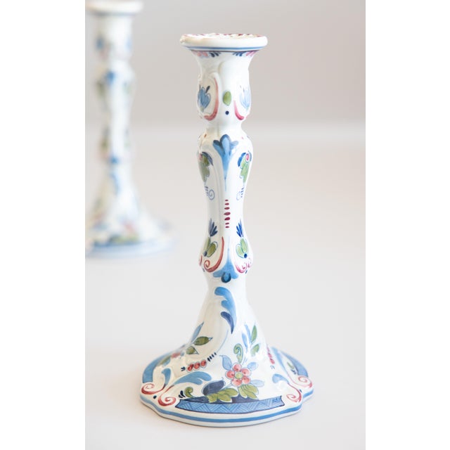French Country Vintage Tall Dutch Delft Faience Polychrome Floral Candlesticks - A Pair For Sale - Image 3 of 10
