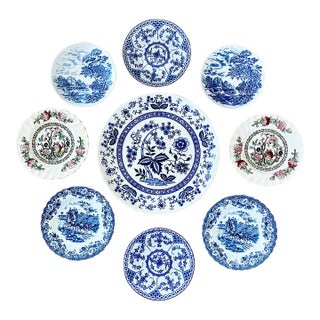 Mid 20th Century Blue and White Wall Plate Grouping / Collection - Set of 9 For Sale