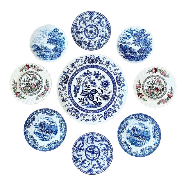 Mid 20th Century Blue and White Wall Plate Grouping / Collection - Set of 9 For Sale