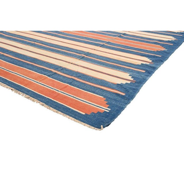 1950s 1950s Vintage Dhurrie Flat Weave in Blue and Orange Stripes Patterns by Rug & Kilim For Sale - Image 5 of 7