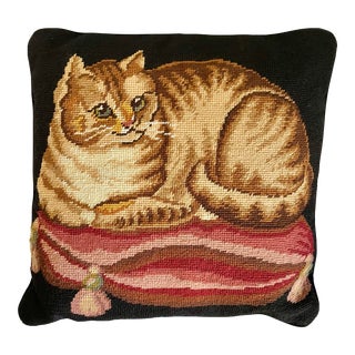 Vintage Needlepoint Embroidered Cat on Cushion Decorative Pillow For Sale
