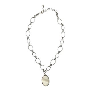 Vintage Sterling Silver Chain Link Necklace With Mother of Pearl Pendant For Sale