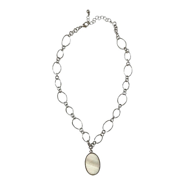 Vintage Sterling Silver Chain Link Necklace With Mother of Pearl Pendant For Sale