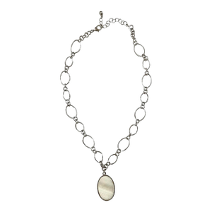 Vintage Sterling Silver Chain Link Necklace With Mother of Pearl Pendant