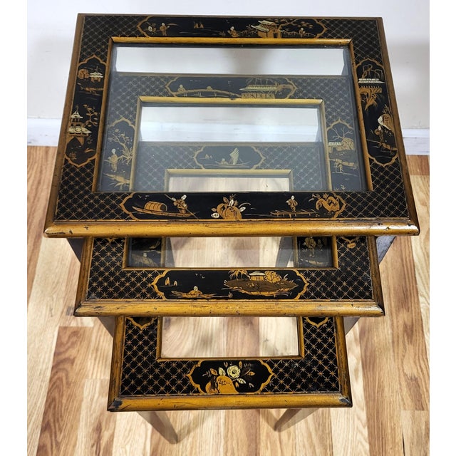 Mid 20th Century Set of Three English Regency Style Chinoiserie Painted Nesting Tables For Sale - Image 5 of 10