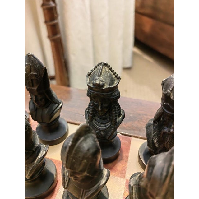 Brown Rosewood Chess Table with Marble Top and Chess Set in Brass and Bronze, 1930s For Sale - Image 8 of 15