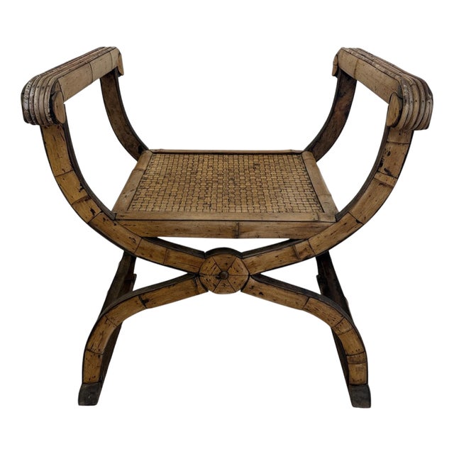 Vintage Bamboo Rattan Savonarola Style Bench For Sale