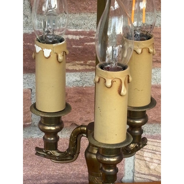 1930s Antique French Bouilette Brass and Metal Shade 3-Light Table Lamp, 1930s For Sale - Image 5 of 11