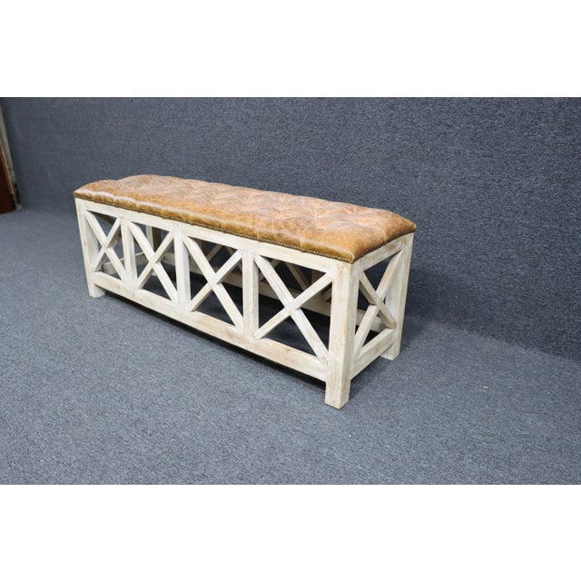 Pine Whitewashed Leather Tufted Bench For Sale In Philadelphia - Image 6 of 11