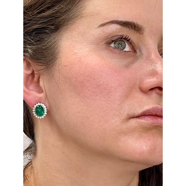 Approximately 12 Carat of Natural Zambian Emerald Cabochon earrings in White gold Each Emerald is about 6 carat Very...