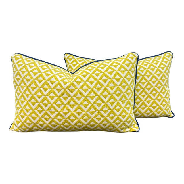 Yellow Geometric Blue Cord Lumbar Pillow Pair For Sale