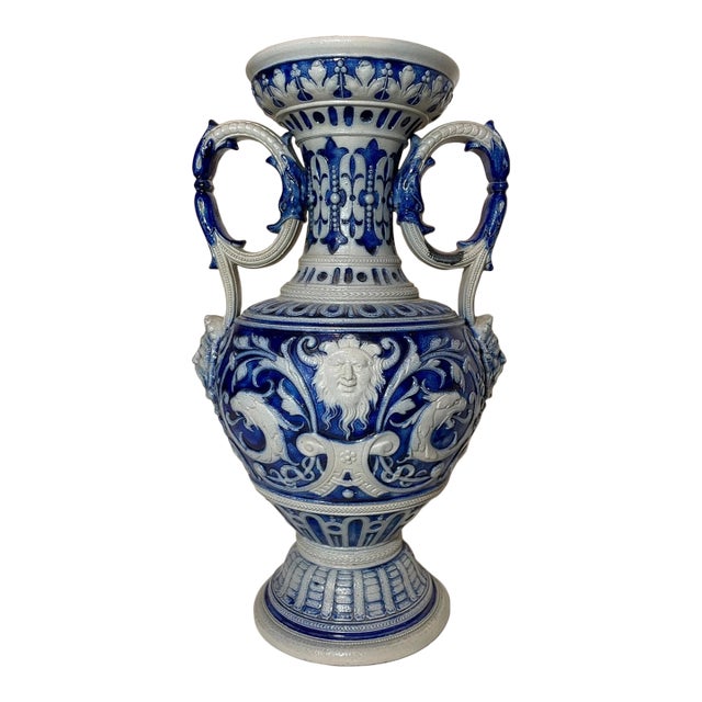 Large Antique Handmade Figural Blue Westerwald R. Hanke German Pottery Vase Jug For Sale