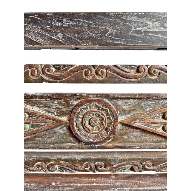 Wood Vintage Washed Teak Carved Outdoor / Indoor Bench For Sale - Image 7 of 9