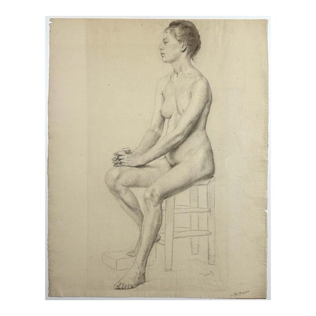 Ludwig Ernst Faber (1855–1913) - Antique Figurative Nude Study of a Seated Woman, Signed (1891, Graphite on Paper) For Sale