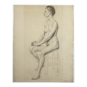 Ludwig Ernst Faber (1855–1913) - Antique Figurative Nude Study of a Seated Woman, Signed (1891, Graphite on Paper)
