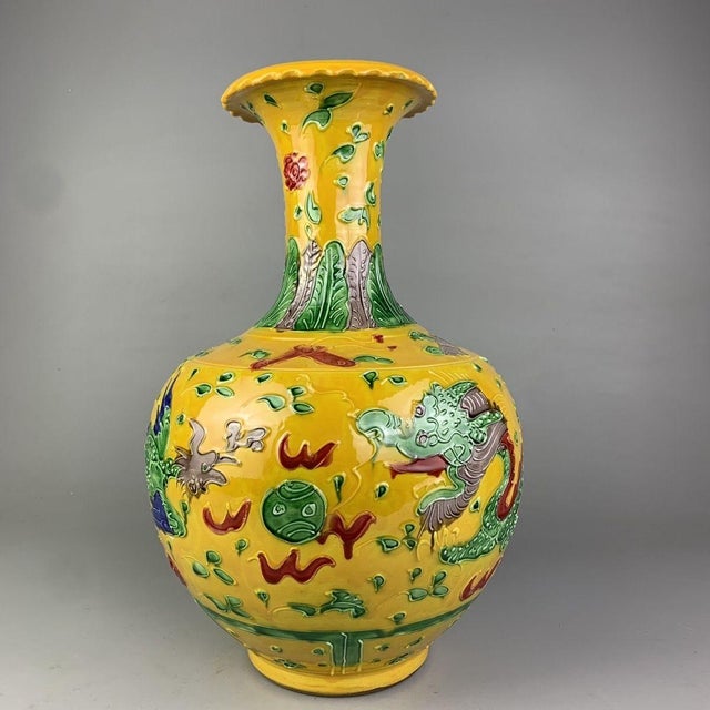 Large Yellow-Ground Chinese Porcelain Tianqiuping Vase With Raised Dragon Motif For Sale - Image 4 of 6