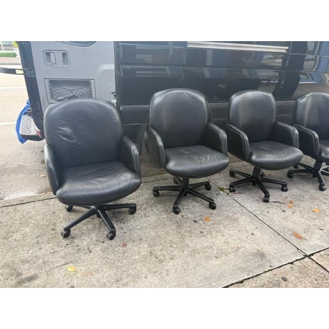 Animal Skin Vecta Litho Usa Set of 4 Used Black Leather Executive Swivel Office Chair For Sale - Image 7 of 8