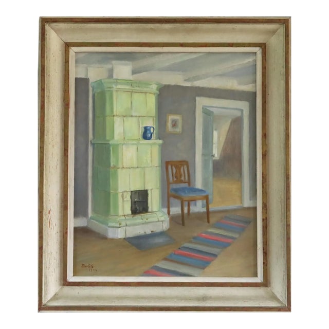 1944 Mid-Century Modern 'Interior With Green Stove' Swedish Original Interior Scene Oil Painting, Framed For Sale
