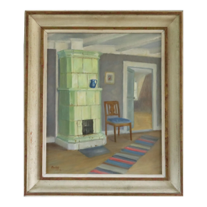 1944 Mid-Century Modern 'Interior With Green Stove' Swedish Original Interior Scene Oil Painting, Framed