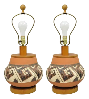 Vintage Southwestern Native American Terracotta Pottery Vase Table Lamp - A Pair