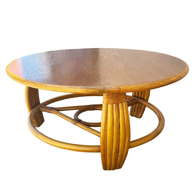 1950s Restored Mid-Century Five-Pole Rattan & Mahogany Coffee Table W/ Tri-Corner Base For Sale - Image 10 of 10