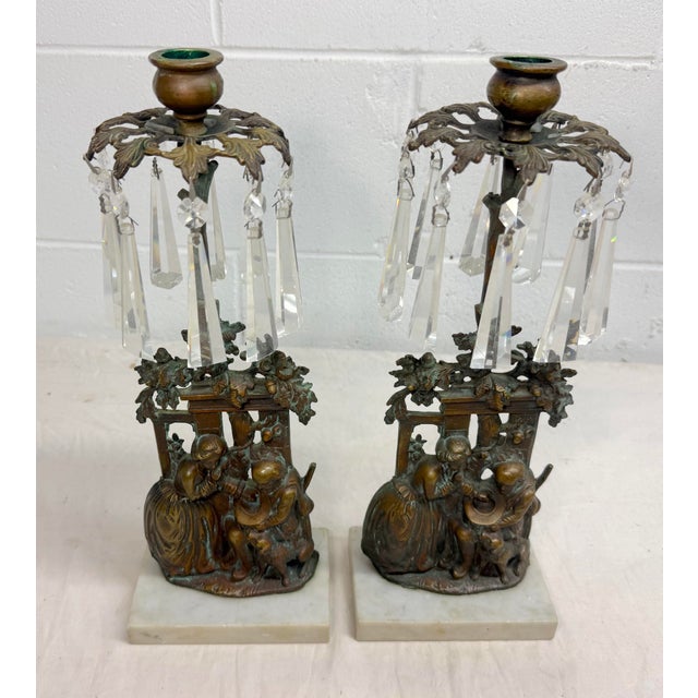 Brass Pair of Antique Ornate Figural Brass Marble Crystal Girandole Candle Holders For Sale - Image 8 of 13