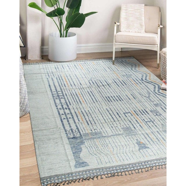 Ivory 9x12 Gray Hand-Knotted Wool Linear Tribal Motifs Modern Carpet Rug For Sale - Image 8 of 10