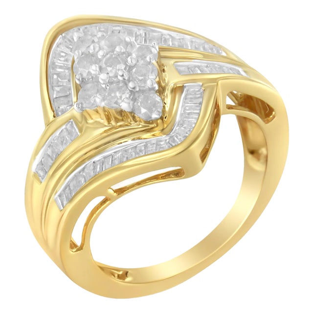 10K Yellow Gold over .925 Sterling Silver Diamond Bypass Cluster Ring (1 Cttw, I-J Color, I2-I3 Clarity) - Size 6-1/4 For Sale