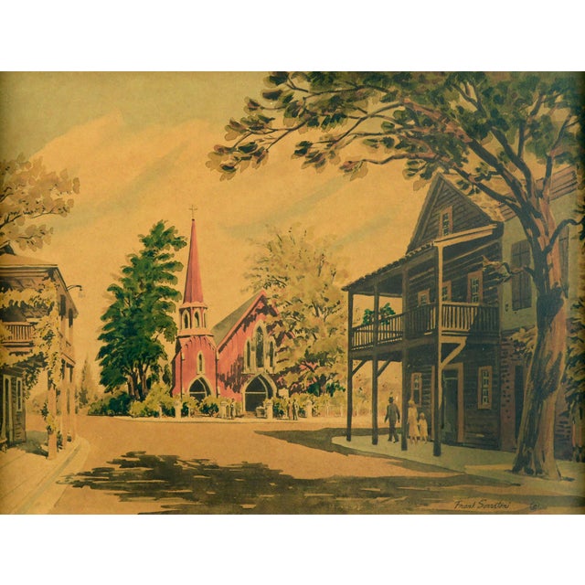 "Sunday Service, a lovely mid-century figurative village street scene by Frank Serratoni (American, 1908-1970), c. 1940s....