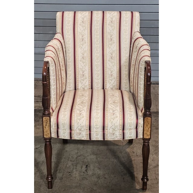 Southwood & Co. Late 20th Century Pair of Southwood Sheraton Tub Arm Chair Mahogany Frame Burl Maple Inlays Silk Fabric For Sale - Image 4 of 12