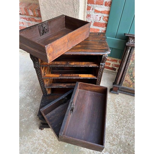 Antique French Gothic Devotional Cabinet Religious Painting Carved Oak Kneeler For Sale - Image 11 of 18