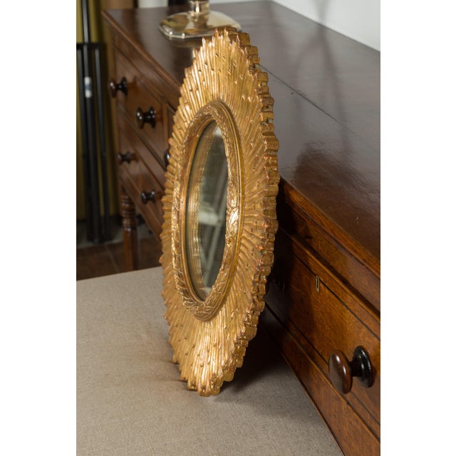 Mid-Century Modern French Midcentury Giltwood Sunburst Mirror with Radiating Rays and Carved Frame For Sale - Image 3 of 11