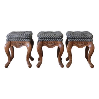 Set of 3 Antique Hand Carved Solid Walnut Stools With Perfect Upholstery For Sale