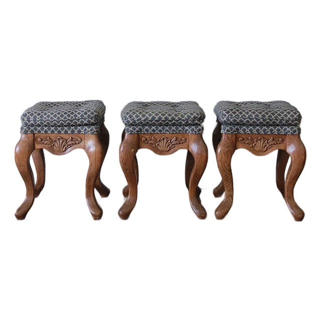 Set of 3 Antique Hand Carved Solid Walnut Stools With Perfect Upholstery For Sale