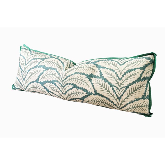 A versitile large 36" lumbar pillow made from Aqua Botanical Leaf linen fabric. The front of this plump pillow is the leaf...