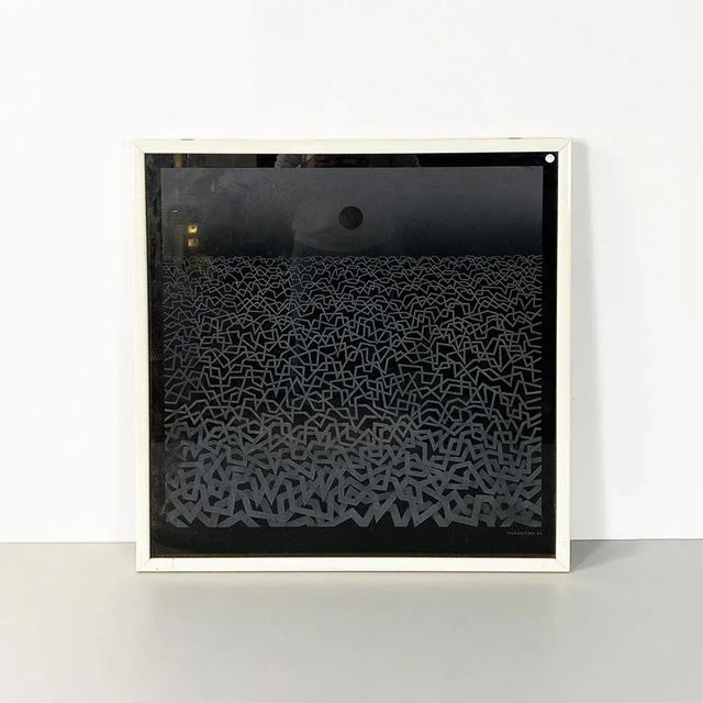 Italian modern black and white artwork on glass with wooden frame by Tarantino, 1983. Work on glass with black background...