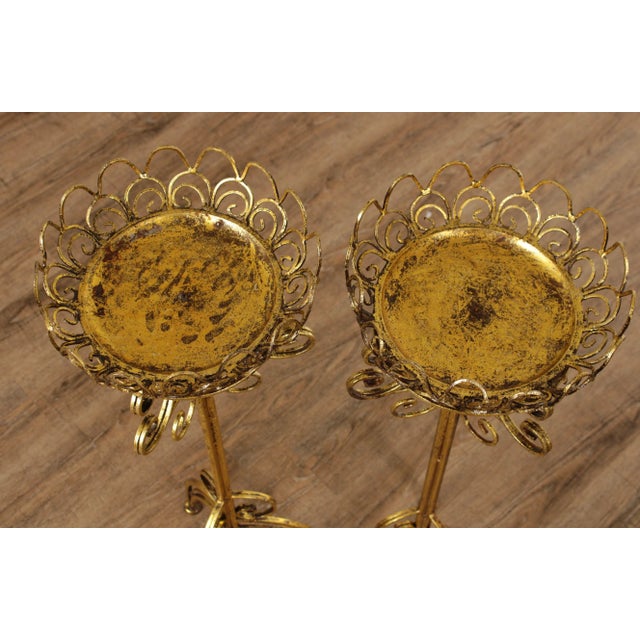 Hollywood Regency Gilt Metal Scroll Candle Stands - A Pair For Sale - Image 10 of 13