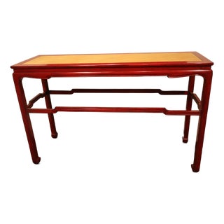 Swaim Attributed Hand Rubbed Cinnabar Finish With Natural Woven Raffia Top Console Table For Sale