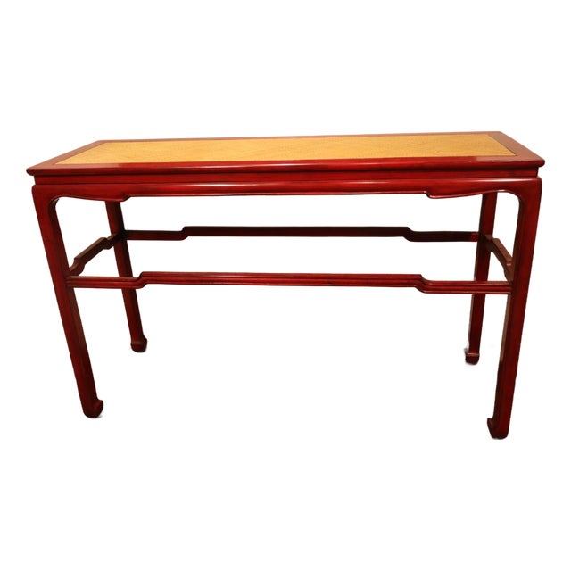 Swaim Attributed Hand Rubbed Cinnabar Finish With Natural Woven Raffia Top Console Table For Sale