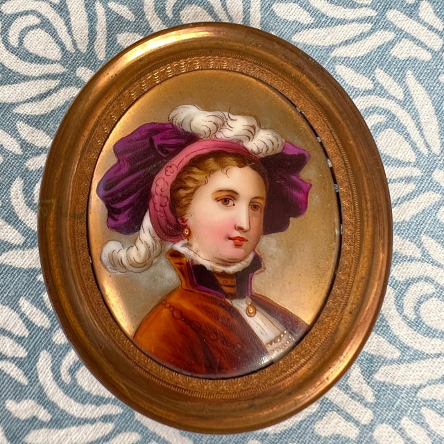 Gold Hand painted miniature portrait on porcelain with gold-tone frame // original antique art // portrait of a female // collectible artwork For Sale - Image 8 of 10