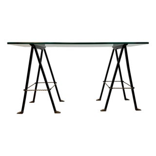 Iron and Brass Trestle Console with Glass Top, 1950s For Sale