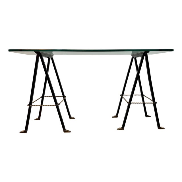 Iron and Brass Trestle Console with Glass Top, 1950s For Sale