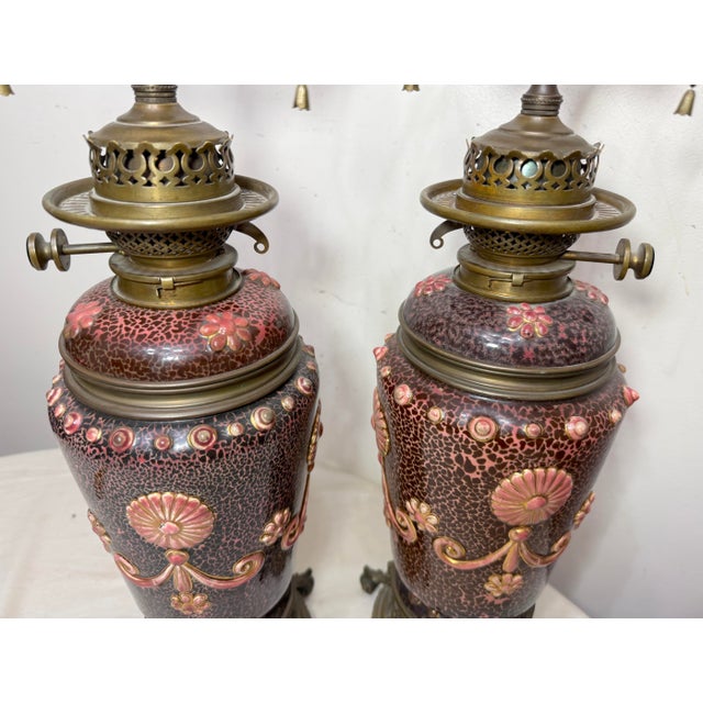Rare Pair Antique 19th Century Hinks & Son Duplex Electrified Porcelain Bronze Oil Lamp For Sale - Image 10 of 15