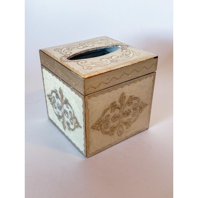 Great vintage silver Florentine tissue box cover, made in Italy for Neiman Marcus. Measures: 5.75" x 5.75" x 5.75"