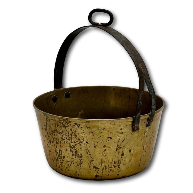 Unusual Mid 1800s Antique Heavy Brass & Hand Wrought Iron Fireplace Hearth Hanging Cooking Pot For Sale - Image 4 of 18